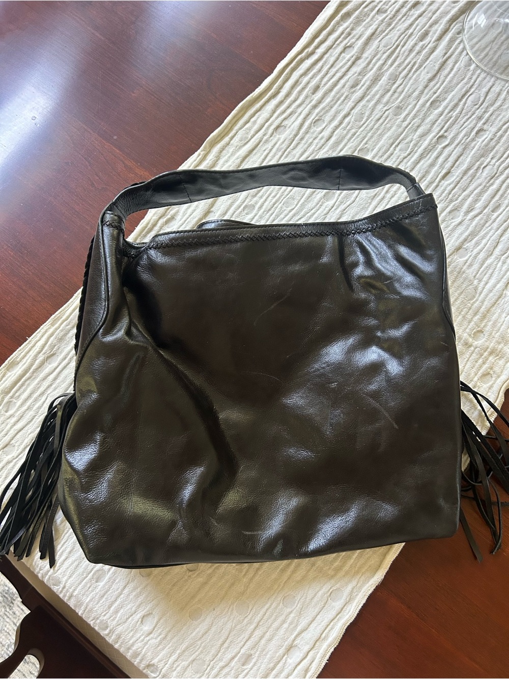 Cole Haan Classic Black Leather Fringe Shoulder Bag